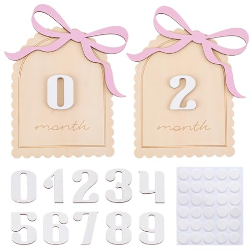 FINGERINSPIRE 2Sets Baby Monthly Milestone Sign Include 2 Boards with 0-9 Numbers and 30 Stickers MDF Wood Arch with PeachPuff Bowknot Baby Milestone Cards Monthly Sign for Newborn Photo Props Decor