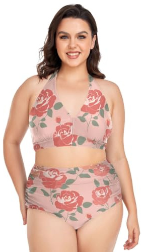 Bikini för plus size kvinnor justerbar magisk ros blomma röd halterneck bikini hög midja kvinnor 2 delar, Magisk ros blomma röd, 4XL