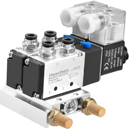 Heschen Válvula solenoide neumática eléctrica doble 4V210-08 DC 24V PT1/4 5 vías 2 posiciones silenciador base de colector juego de accesorios rápidos