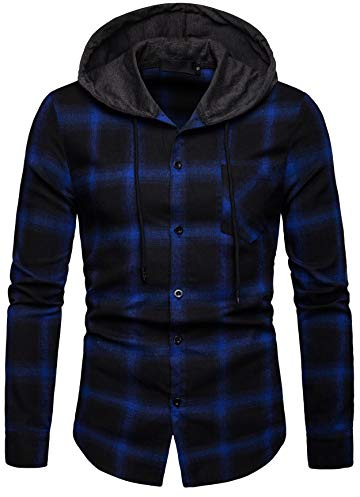Iris Sprite Herren Hemd Kapuzenhemd Kapuzenpullover Langramshirt Kariert Freizeithemd Spleißhülse Shirt (Blau - A112, XXL)