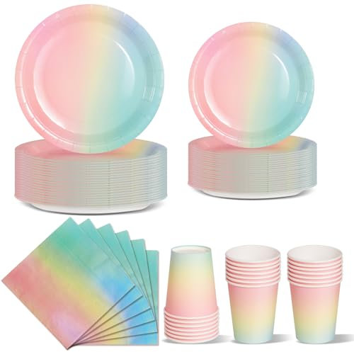 Nkaiso Stoviglie per Feste 96 Pezzi Arcobaleno Festa della Addobbi Ragazza di Compleanno dei Dambini Articoli per Feste Set Include Piatto Usa e Getta di Carta Party Tazze Tovaglioli -24 Ospiti