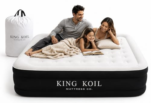 King Koil Luxury Pillow Top Plush Queen Air Mattress with High-Speed Built-in Pump, Blow Up Bed Top Side Flocking, Puncture Resistant, Double High Inflatable Airbed Guests & Travel 1-Year Warranty
