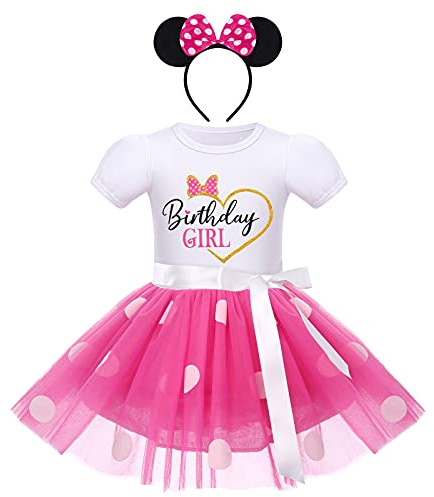 IBTOM CASTLE Minnie Mouse Baby Girls Polka Dots Princess Tutu Dress+Headband Birthday Outfit Kids Toddler Christmas Party Clothes Photo Shoot White+Hot Pink-heart 5 Years