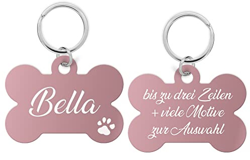 Aluminium Hundemarke Hundeknochen mit Gravur - personalisiert hochwertiger Lasergravur, Adressanhänger Hund für Hunde oder Katzen (rosarot), PIU-HM-KNO-01, 39x26x1 mm