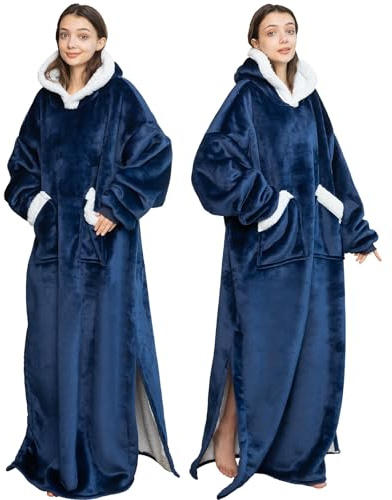 Emwwat Coperta con Cappuccio in Flanella, TV Oversize con Maniche e Tasche Giganti, Versatile per Uomini e Donne Adulti (Blu Scuro)