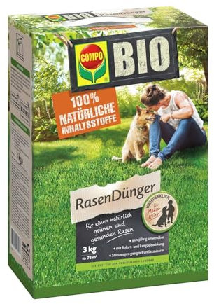 COMPO BIO Rasendünger, Naturdünger für Rasen, Natürliche Sofort- und Langzeitwirkung, Feingranulat, 3 kg, 75 m²