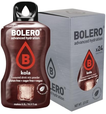 Bolero Drinks, 24 sobres de 3 gramos, sabor a fruta, preparación en polvo soluble en agua para bebidas frescas, 72 gramos, endulzado con stevia (Cola)