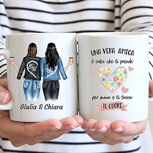 Vulfire Tazza Personalizzabile Migliori Amiche - Nome, Capelli, pantaloni, giacca e tanto altro da Personalizzare - Idea Regalo per amiche compleanno, natale (Bianco, Ceramica)