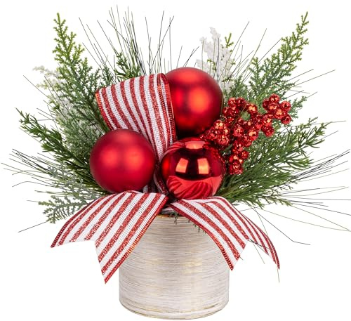 27cm Klein Weihnachten Deko Pflanzen im Topf, Künstliche Weihnachten Tabletop Deko im topf Keramik mit Beeren,Kiefernzapfen, Kugeln Bänder für Weihnachts deko Neujahr Ornamente Haus Büro Küche Desktop