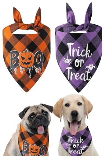 2er Set Halloween Hunde Bandanas - Festliches Halloween Karo Hundewelpen Bandana Schal Kostüm für kleine bis große Hunde