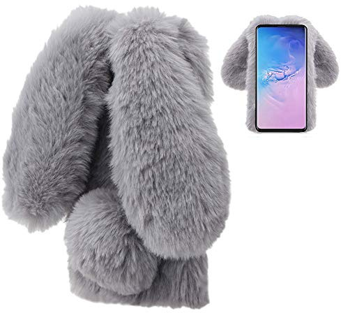 LCHDA Coque Lapin pour iPhone 15 Pro 6.1, Mignon Peluche Faux Fourrure Oreille Souple Poilu Doux Silicone TPU Pare-Chocs Anti-Choc Incassable Housse Étui de Protection - Gris