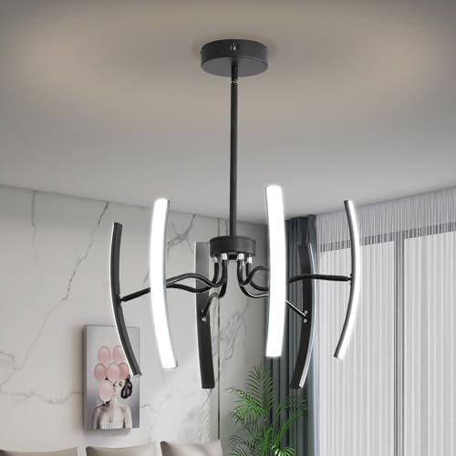 6-Light Kitchen Island Lights,Modern Led Pendant Light with Shape-Ajustable,Dimmable Lighting with Remote Control 3000-6000K,Black Chandeliers for Dining Room Living Room Bedroom,60W φ800xH560