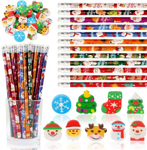 72 Stück Weihnachtsbleistifte mit Radiergummi Bleistifte Weihnachten | 36 Stück Weihnachtsstift 36 Stück Radiergummi für Adventskalender zum Befüllen Kinder Studenten Schule Party
