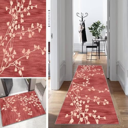 Mogetal Rot Läufer Teppich Lang Vintage Flur Läufer rutschfest Waschbar 90x180cm Modern Blattmuster Dauerhaft Läuferteppich TeppichLäufer Küchen Korridor Polyester Anpassbar Meterware