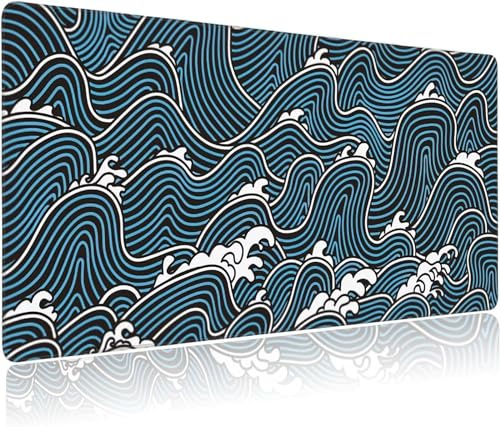 Grand Tapis de Souris de Jeu Vagues Bleues Blanches Tapis de Souris XXL 1000x500x3mm avec Bords Cousus Surface Spéciale Améliore la Précision pour Souris Claviers Gamer Bureau