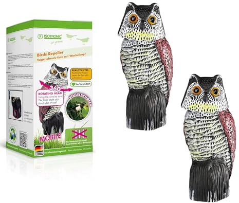 ISOTRONIC Eulen Attrappe zur Vogelabwehr – Realistischer Vogelschreck mit Wackelkopf – Taubenabwehr für Garten, Balkon & Obstbau – Taubenschreck Vogelscheuche (2 Stück)