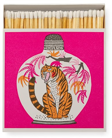 Angry Tiger in Pink Luxury Long Matches, Ticked Off Tiger in Snuff Bottle Luxury Giant Square Matchbox, Coloured Tips Large Matchsticks, Candles Fireside Housewarming Gift