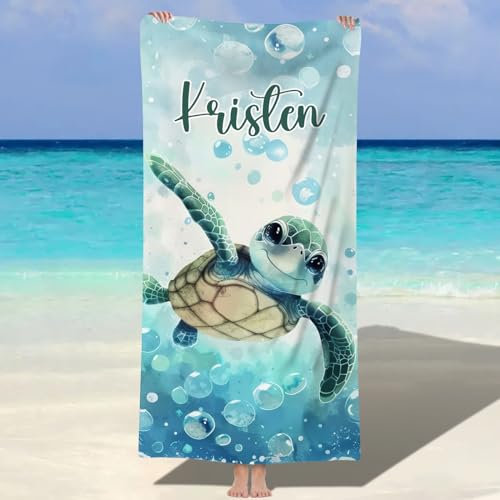 SearchI Personalised Beach Towel with Name 150x75cm,Custom Bath Towels with Name for Swimming Pool Bathroom Camping Travel,Quick Dry Microfiber Beach Towel for Adults Kids Lovers Birthday-turtle