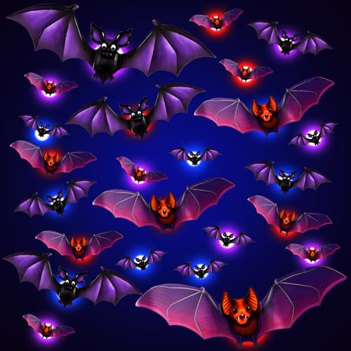 Halloween Deko Innen 3D Fledermaus mit LED-Leuchten 24PCS, halloween deko outdoor, halloween party deko, PVC Realistisch Fledermaus Dekorationen für Fenster, Wände, Türen