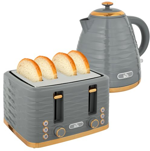 HOMCOM Wasserkocher Toaster Set Frühstück-Set Grau | 2200 W, 1,7L Wasserkocher mit Otter Thermostat, 4 Scheiben Toaster, 7 Bräunungsstufen, Auftauen, Aufwärmen, Krümelfach