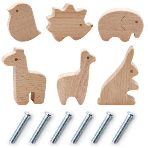 Criveple 6 Stück Schrankknöpfe Holz fur Kinderzimmer, Möbelknöpfe Tierformen,Holzknöpfe Kommode mit Schrauben, Holz Schubladengriff, Holzgriffe für Schränke Türknöpfe für Kinder