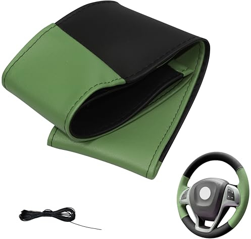 Xkeribom Auto Lenkradbezug ZUN Nähen aus weichem Leder mit 4 Teilifes Design Leder Lenkradhülle Lenkradschutz (Lenkraddurchmesser 37-38 cm) (Schwarz Grün)