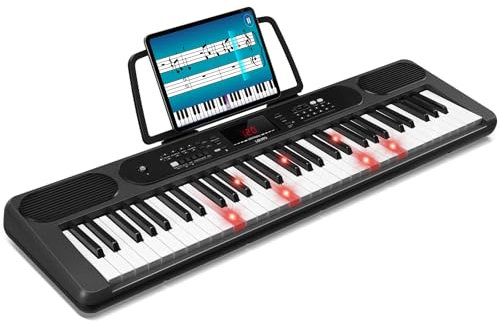 LEKATO Keyboard Piano mit 61 Tasten, Elektronisches Keyboard für Einsteiger mit Beleuchtete Tasten und LED-Anzeige, eingebaute Doppellautsprecher, Lernmodi, Notenständer, Schwarz