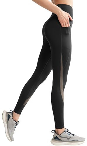 Yvette Sport Mesh Leggings Damen mit Tasche Blickdicht Elastisch Gym Fitness Sporthose, Schwarz, M