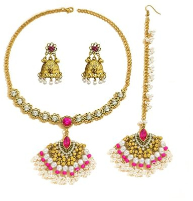 IMINI Set Di Gioielli Indiani Per Le Donne Bollywood Strass Antico Jhumka Nappa Abito Da Sposa Ciondolo Collana Orecchini Da Sposa Accessori Festa Di Fantasia Tradizionale, Réglable, Metallo, Zirconia