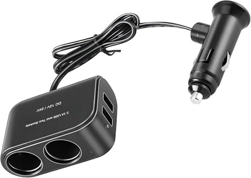 60W Car Cigarette Lighter Splitter 2 Sockets with Dual USB Charger 5V 3.1A, 12V/24V Universal Double Power Socket Adapter for Vehicles, Multi-Socket Charger for Dash Cam, GPS, Phones, Tablets