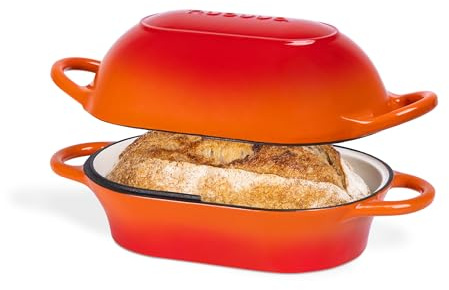 Dutch Oven for Sourdough Bread Baking – Enamelled Cast Iron Bread Loaf Pot – Oven Safe Non Stick Bread Pot – Rectangular, Orange, 24cm x 16cm – by Nuovva