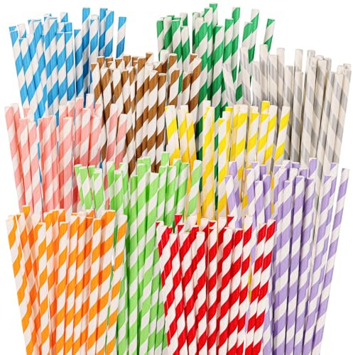 200Pcs Biodegradable Straws, 10 Colors Striped Paper Straws, Disposable Drinking Straws for Cocktail, Coffee, Lemonade