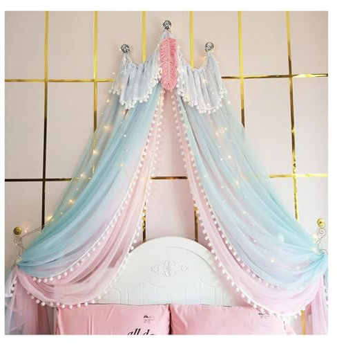 Marco de Cama con Dosel, mosquitera para Cama, Dosel de Princesa, mosquitera con Pompones, Bonitas Cortinas Decorativas de Hilo, Tienda de Juegos romántica (1,5 m)