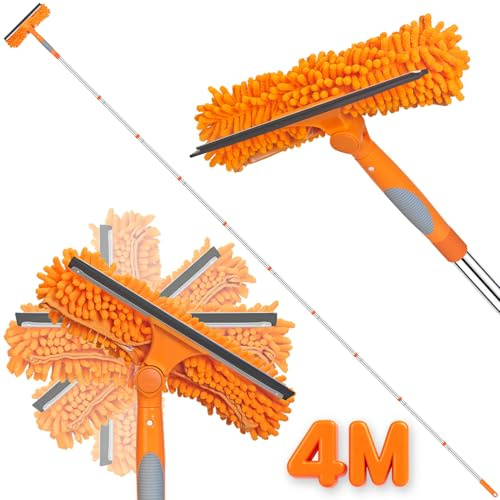 Equipo de limpieza de ventanas, barra extensible de 400 cm con escobilla de silicona y 3 trapeadores de microfibra, kit de limpieza de ventanas 2 en 1 para ventanas altas, herramienta telescópica de