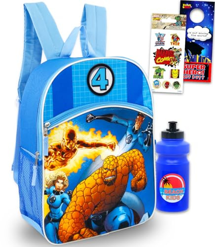 Fantastic Four Backpack Set - Bundle with 16 Fantastic 4 School Bag, Water Bottle, Stickers, & More | Marvel Superhero Backpack for Kids, Boys