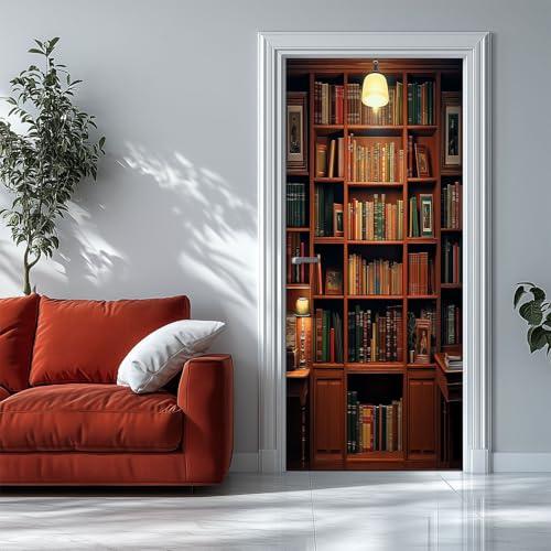 3D Türaufkleber Bücherregal Lampe 86x200 cm Braun Türtapete Selbstklebend Türposter Türfolie, Türsticker PVC Wasserfest Wandbild Wandaufkleber für Kinder bad büro