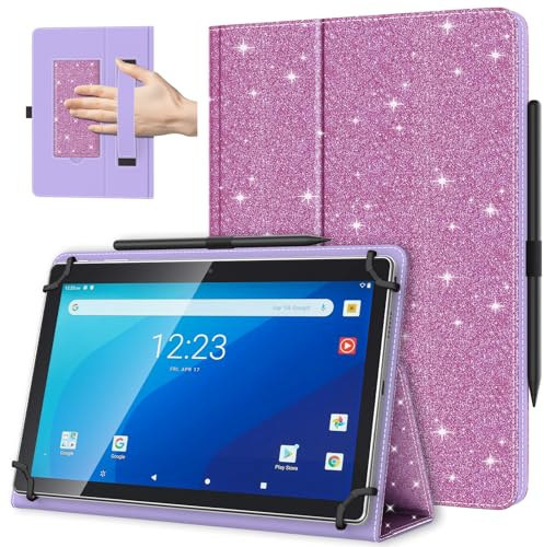TiMOVO Universal Hülle für 10,1 Zoll Android Tablet, Glitzer Violett | Mit Stiftschlaufe, Leicht & Faltbar, Standhülle, Mit Handschlaufe, Für 9,6-11 Zoll Touchscreen-Tabletten