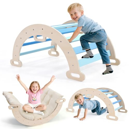 nmoiww Klettergerüst für Kleinkinder, Kletterleiter aus Holz für Kinder mit gemütlichem Kissen, Indoor-Montessori-Spiel-Fitnessstudio (Blau)
