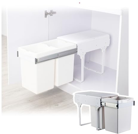 HJLKDYM Kit Cubo Basura Resistente Debajo del Fregadero, Cubo Basura Doble Extraíble Debajo del Armario con Guías Cierre Suave, Contenedor Reciclaje Y Residuos(Blanco)