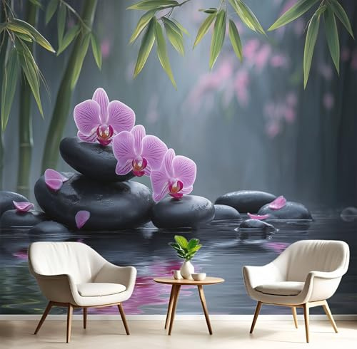 ANALTIRCE Papier Peint Intissée Zen Pavés 260×180cm Papier Peint Panoramique, Nature Orchidées Bambou XL Tableaux Décoration Murale pour Salon, Chambre, Décor Fond TV, Noir