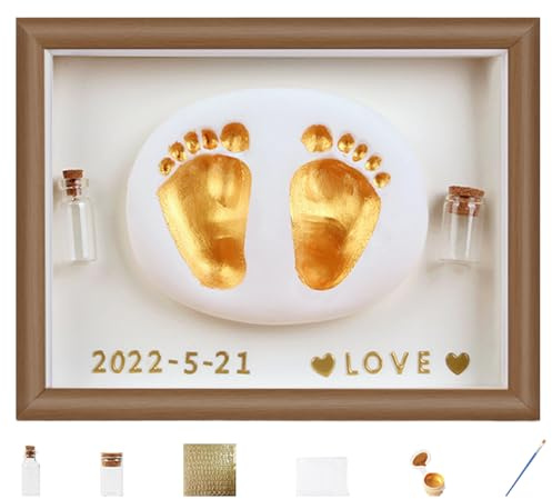 Kit per impronte di bambini - Set per impronte di mani con cornice per foto in legno, vernice sicura, tampone di inchiostro, penna, adesivi con numeri, bottiglie per la raccolta di fetali |