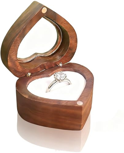 ZhouLinMou Wooden Heart Shape Ring Box, Ring Holder Case with Magnetic, Elegant and Vintage Ring Storage Boxes for Wedding, Valentine's Day, Engagement, Proposal, Anniversary (Brown, 2.36 * 2.17in)