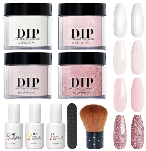 10 Unids/set Kit de Uñas en Polvo de Inmersión Juego de Líquido en Polvo de Uñas de 4 Colores con Activador de Base y Capa Superior para Salón de Manicura de Arte de Francesas DIY en Casa...