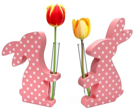 2PCS Osterdeko Holz Osterhasen Figuren Ostern Tischdeko Frühling | Große moderne Osterdeko Innen, stilvolle Frühlingsdeko für Wohnzimmer & Esszimmer, dekorative Osterdekoration Rosa
