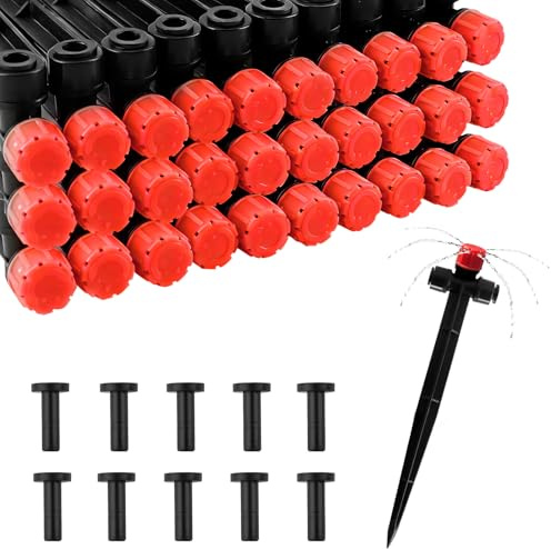 Kalolary 30 Piezas de Emisores de Riego por Goteo con Tapones Finales, Conectores Rápidos de Ajuste por Presión para Tubos de Riego de 1/4 de Pulgada, Regadera de Jardín (8 Agujeros Rojo)