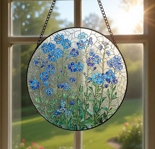Forget-Me-Not Stained Glass Sun Catcher For Windows Purple Flowers Glass Hanging Suncatcher Ornament Acrylic Sun Catcher Light Decor For Home Garden Outdoor Window(20cm)