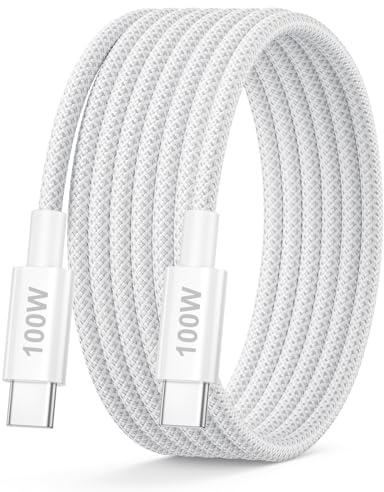 USB C-kabel 3m 100W PD Snabbladdning, vit nylonflätad | USB-C till USB-C-kabel med PD-snabbladdning för iPhone 17/15/16, Galaxy S26/S25, iPad Pro, Pixel, Steam Deck med flera.
