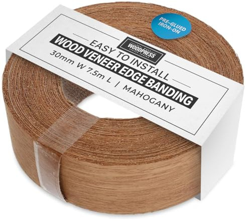 Wordpress® 30 mm Mahagoni-Echtholzkantenband mit Schmelzkleber – 7,5 m Rolle – einfache DIY-Aufbügelanwendung, deckt die Kante von Standard-MDF-Platten ab