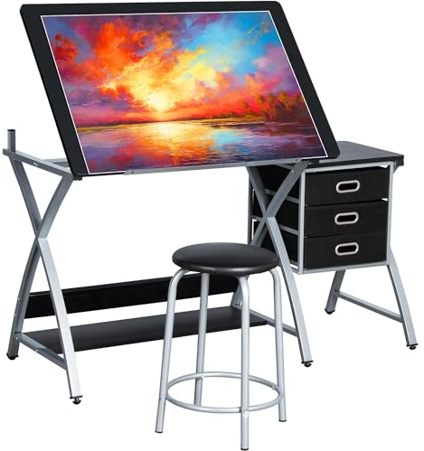 Yaheetech Drafting Table Tiltable Desktop Height Adjustable Art Metal Black