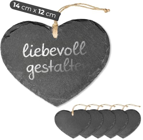 Schieferherz zum Aufhängen mit Juteband Schiefertafel Dekoration Wandeko (6, 12 cm Herz)